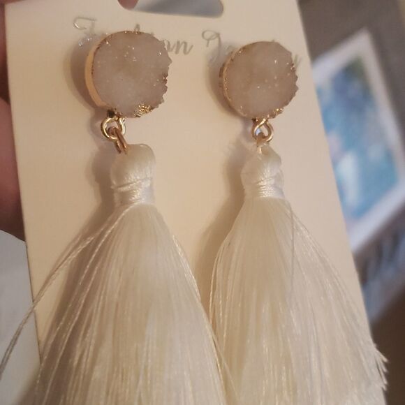 White Stone Tassle Earrings - Picture 2 of 3